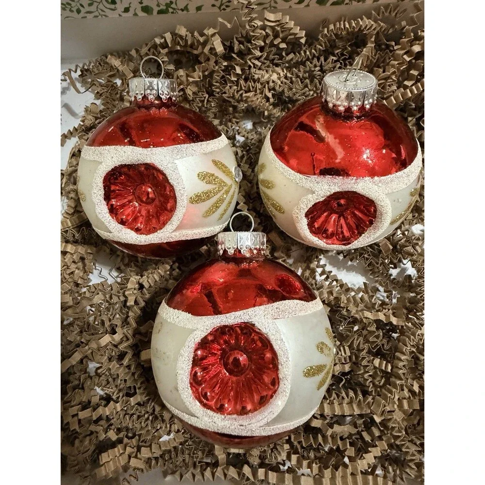 Vtg G&D Reflector Blown Glass Christmas Ornaments 3” Red White & Gold Set Of 3